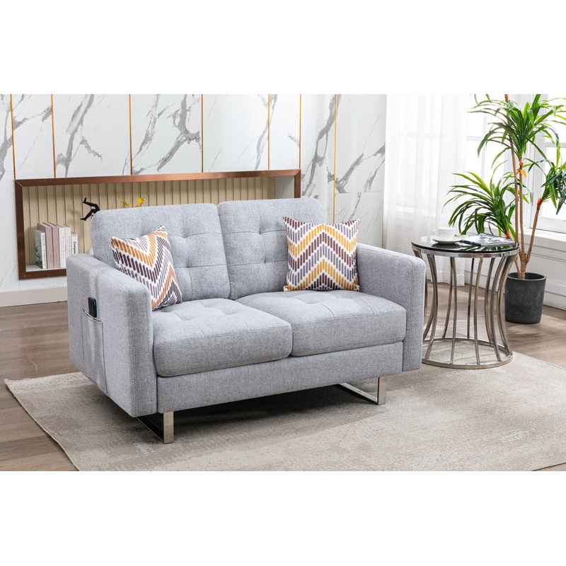 Victoria – Linen Fabric Loveseat With Metal Legs, Side Pockets, And Pillows