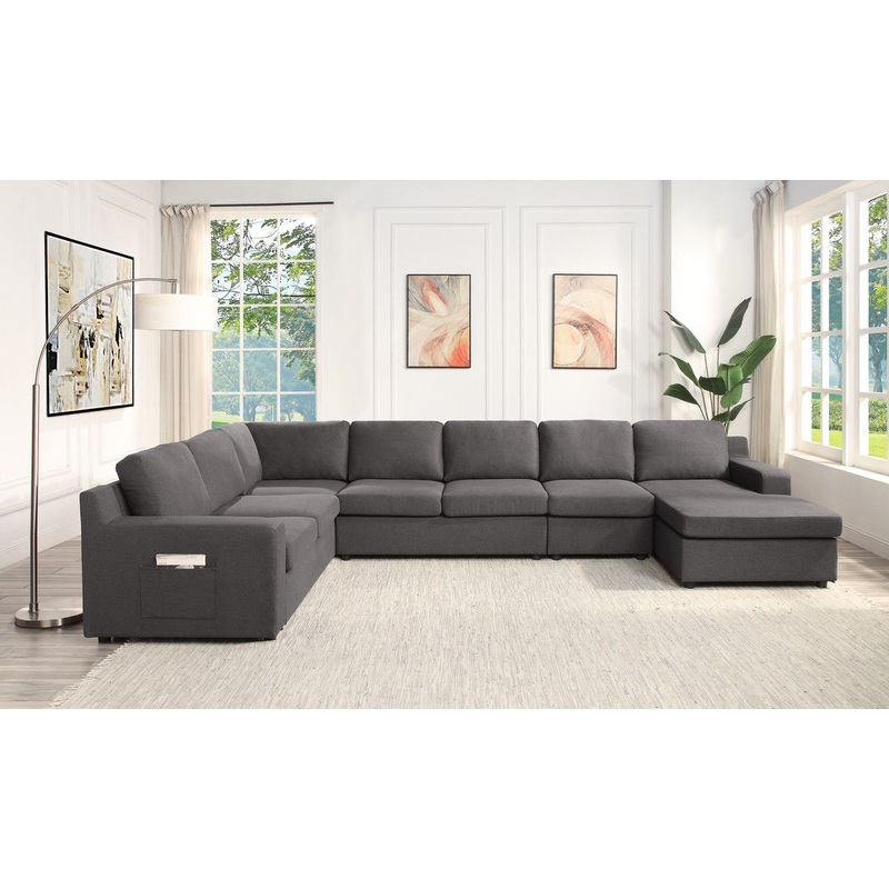 Waylon – Linen Sectional Sofa|Dark Gray|7 Seater U-Shape Sectional Sofa With RAF Chaise|4 Seater Sectional Sofa|7 Seater U-Shape Sectional Sofa With LAF Chaise