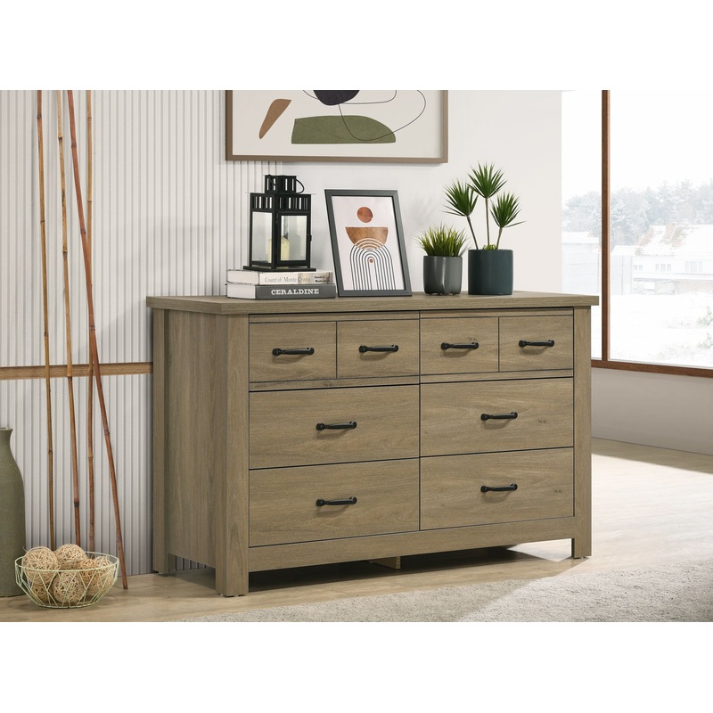 Finn – Oak Finish Dresser With 6 Drawers And Black Handles – Coffee Gray