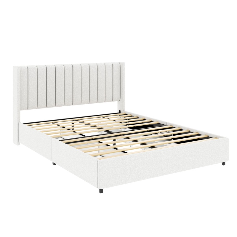 Anda – Boucle Upholstered Platform Bed With Patented Drawers Storage – Ivory