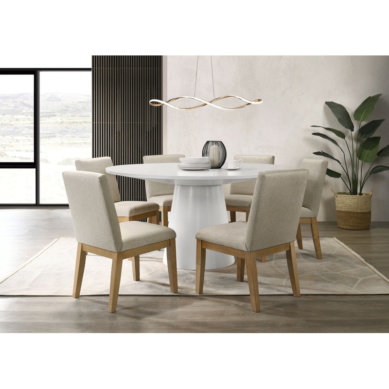 Jasper – 7 Piece Round Dining Table Set With Driftwood Finish Chairs – White