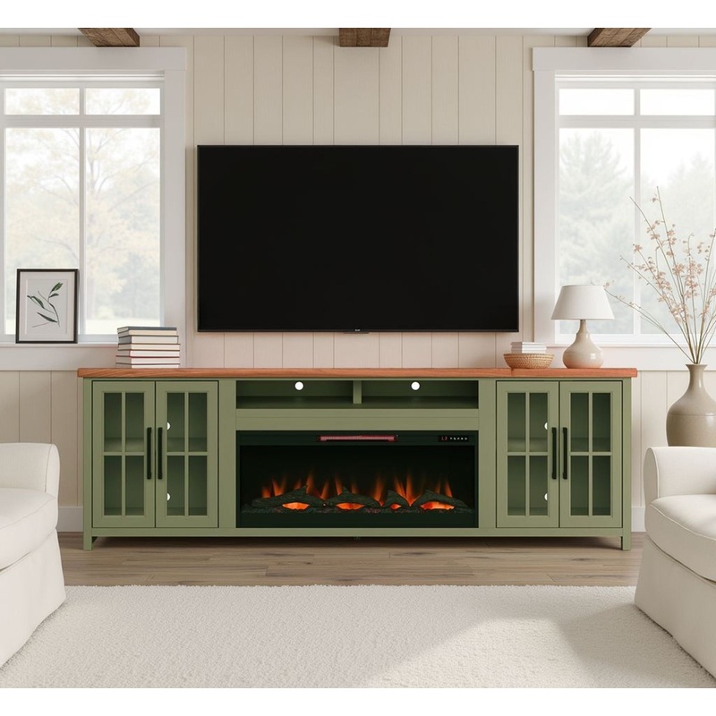 Vineyard – 97 Fireplace TV Stand Console For TVs Up To 100 – Sage Green And Fruitwood Finish