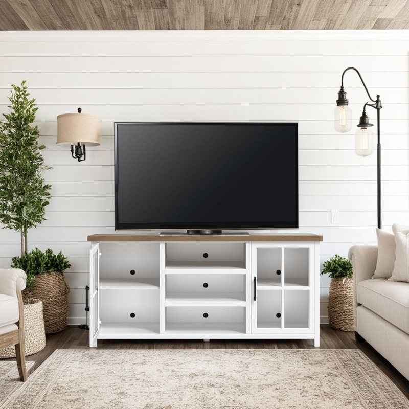 Hampton – TV Stand Console|White|67″W x 19″D x 35″H|99″W x 19″D x 34″H