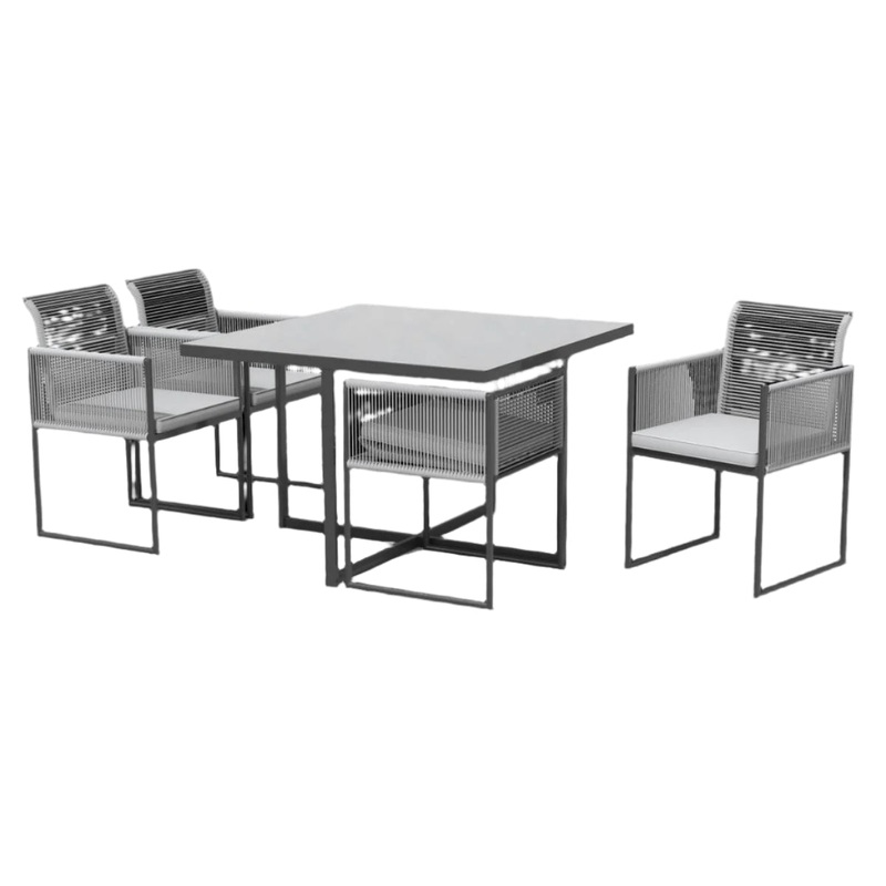 4 SEATER DINING SET 110X110 TABLE WITH GLASS TOP AND 4 SYNTHETIC WICKER CHAIRS