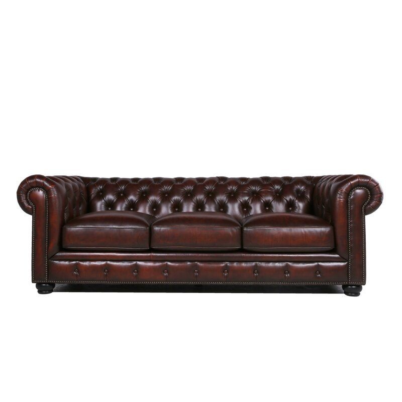 Traditional Tufted Leather Chesterfield Nailhead Sofa – Brown