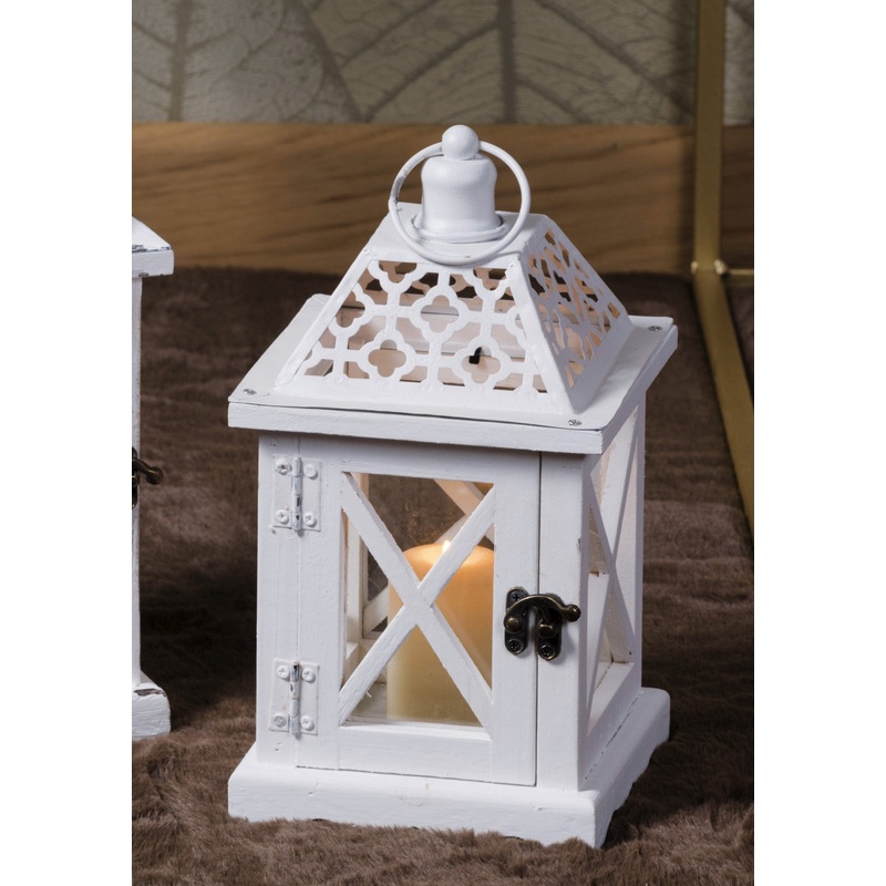 WHITE WOOD AND IRON LANTERN L15 X W15 X H27 CM