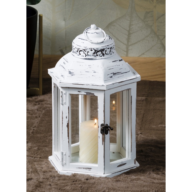 WHITE WOOD AND IRON LANTERN L18 X W18 X H43 CM