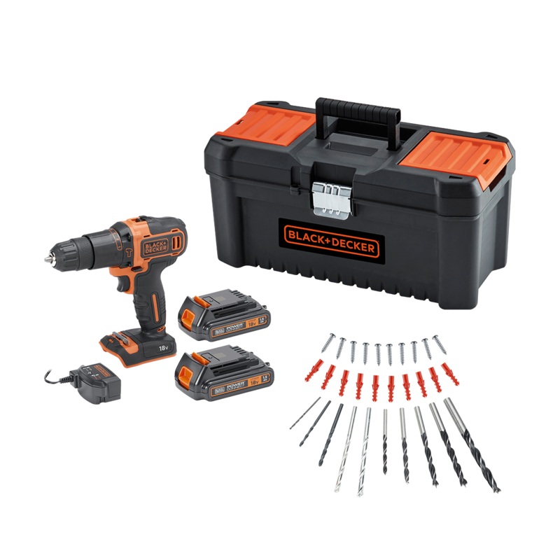 AVENGER DRILL. BLACK&DECKER 18V WITH 2 1.5AH BATTERIES WITH 16-INCH CASE AND DRILL BIT SET