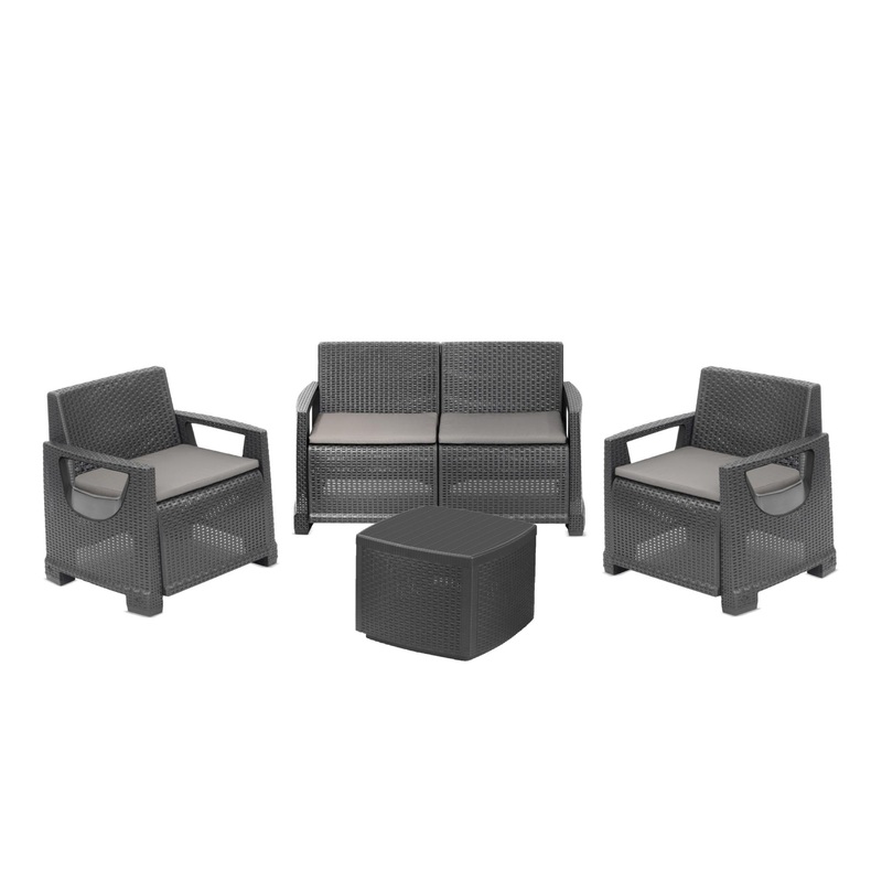 ANTHRACITE ARONA SET WITH CUSHIONS SOFA 2 ARMCHAIRS COFFEE TABLE CONTAINER